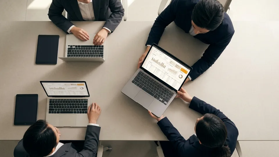 Overhead view of a team working on laptops around a meeting table