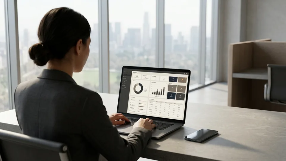 Professional reviewing a dashboard on a laptop by an office window