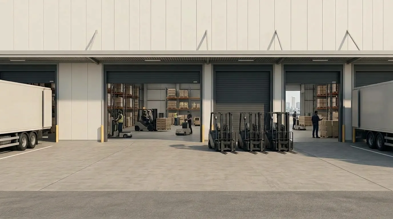 Warehouse loading bays with roller doors and pallet trucks