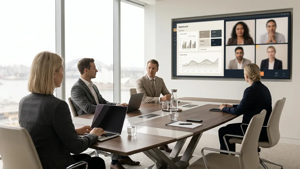 Boardroom meeting with remote colleagues joining on a video screen