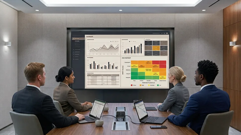 Team watching a software demo with a risk heat map on screen