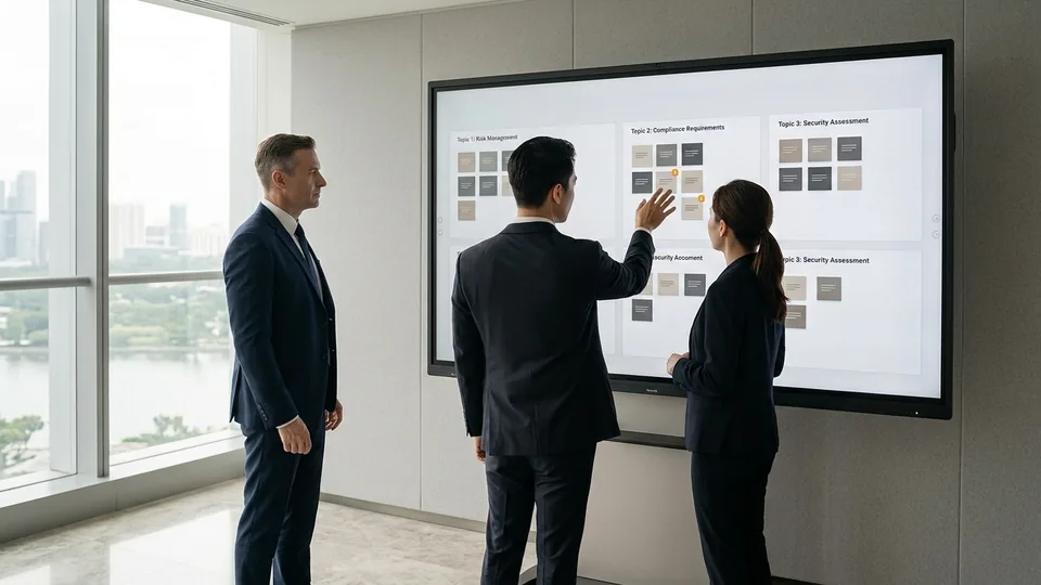 Three colleagues reviewing requirements on a large wall display