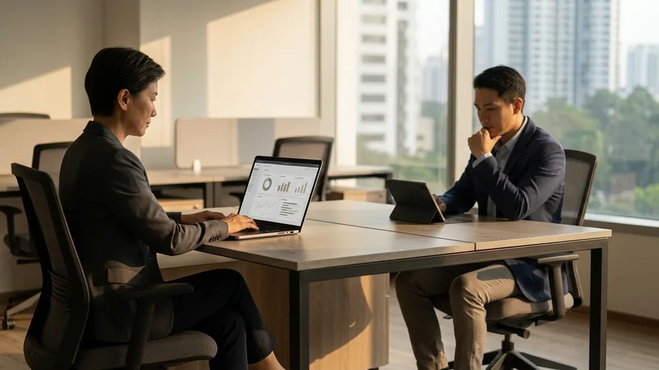 Two colleagues at their desks, one pausing over a laptop