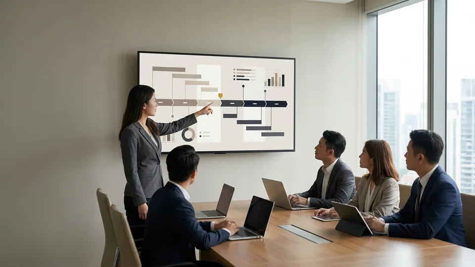 Presenter walking a team through a project plan on screen