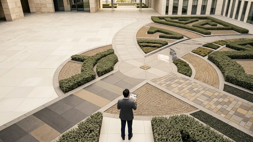 Person standing where paths divide in a landscaped garden maze