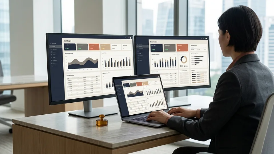 Analyst comparing dashboards across two monitors and a laptop