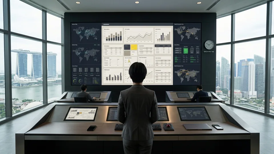 Person in an operations room facing a wall of risk dashboards