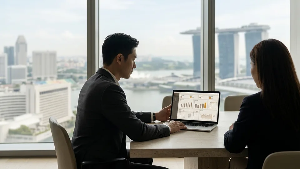 Two colleagues at a laptop in a meeting room overlooking Marina Bay