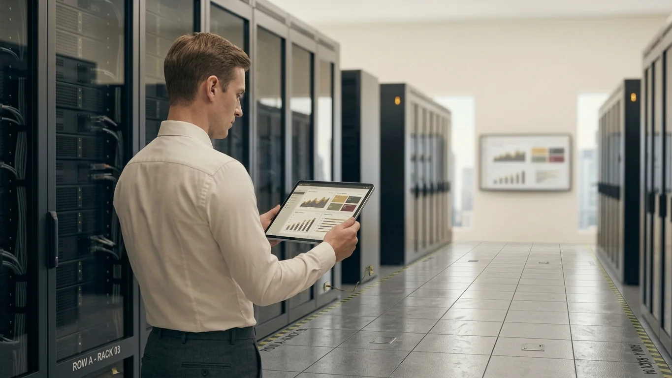 Engineer checking a tablet in a data centre aisle