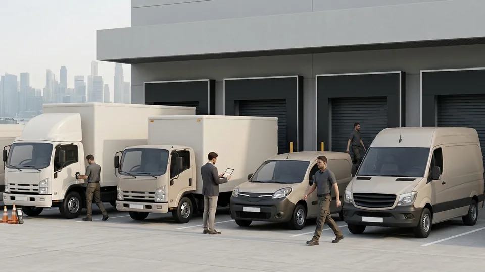 Delivery trucks and vans lined up at a distribution depot