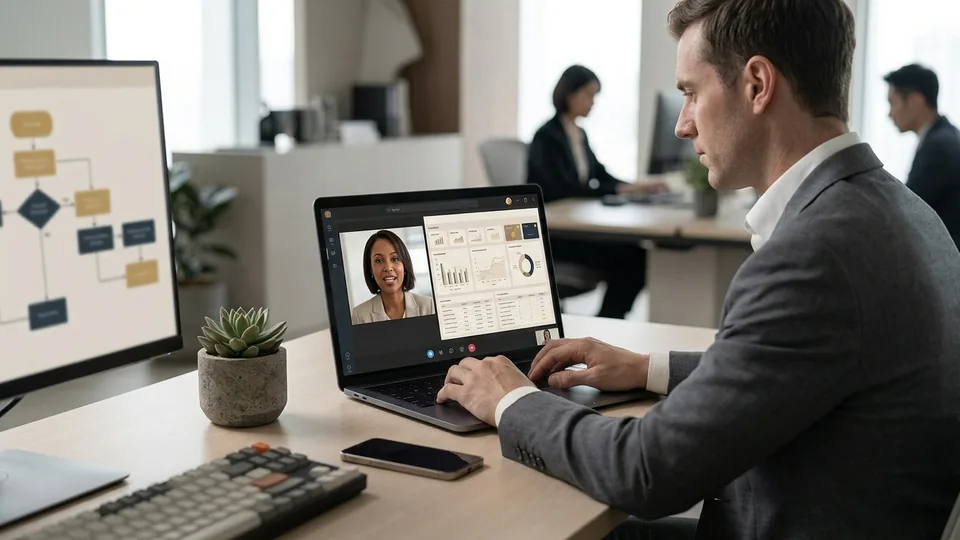 Man on a video call with a supplier, flow chart on a second screen
