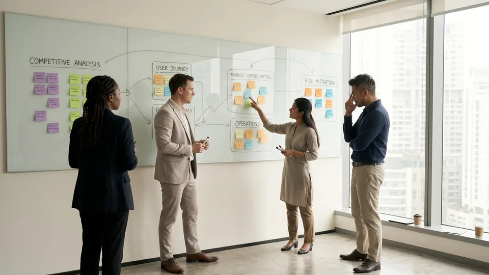 Team mapping requirements with sticky notes on a glass wall