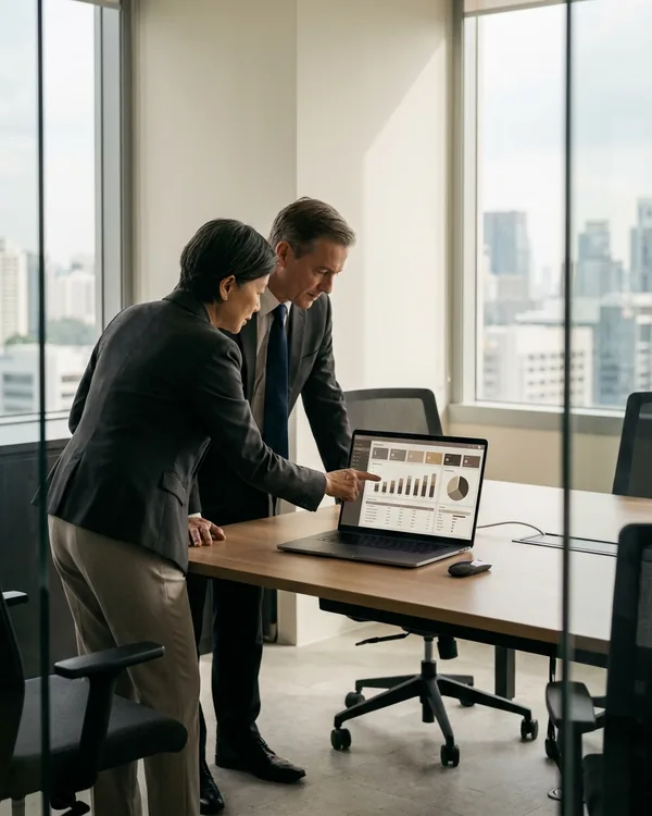 Two colleagues reviewing work on a laptop in a bright office