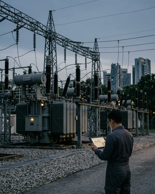 Engineer with a tablet inspecting an electrical substation