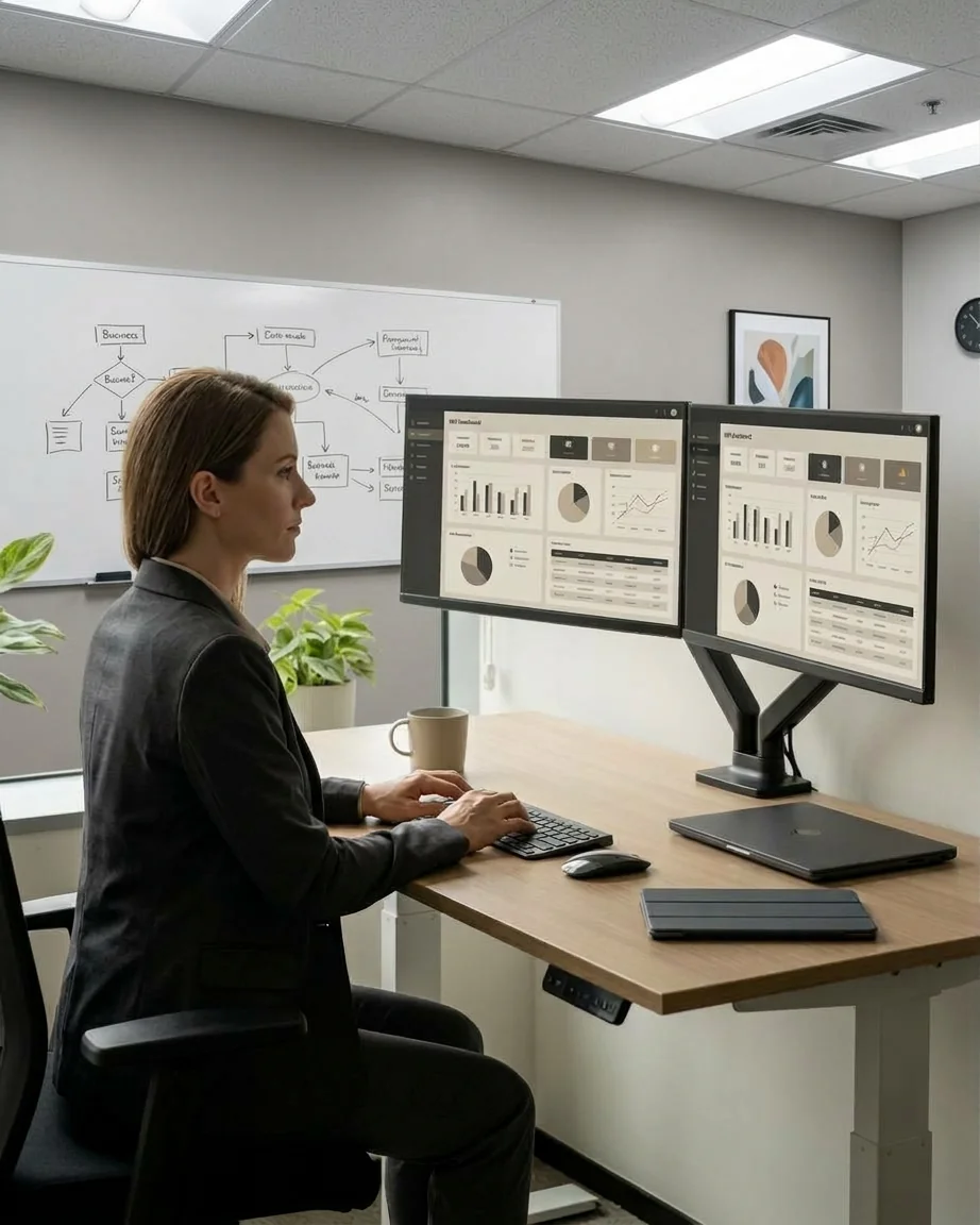 Woman reviewing reports on two monitors at her desk