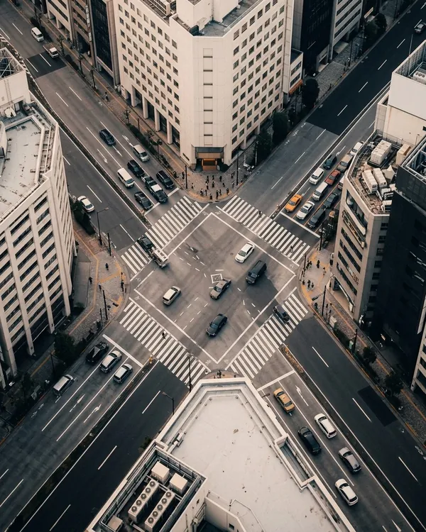 Aerial view of a busy city intersection