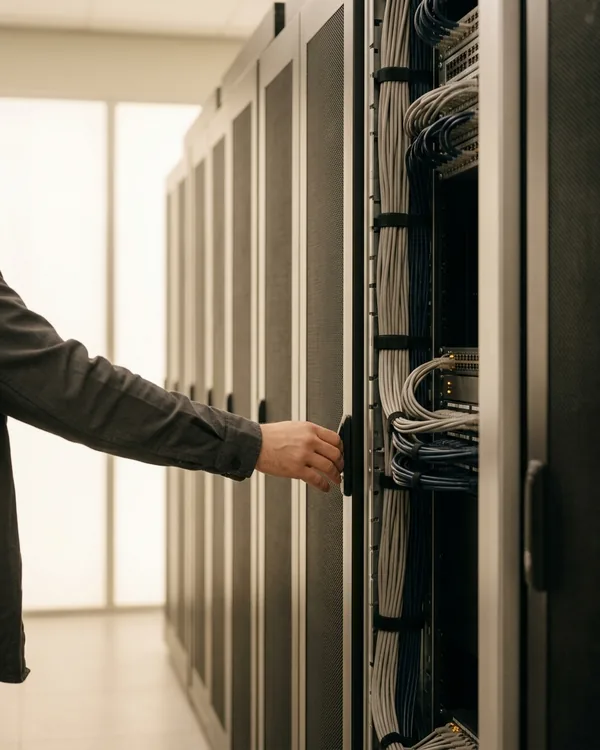 Hand opening a server cabinet in a data centre