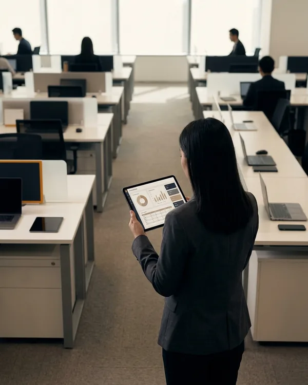 Woman with a tablet walking through an open-plan office