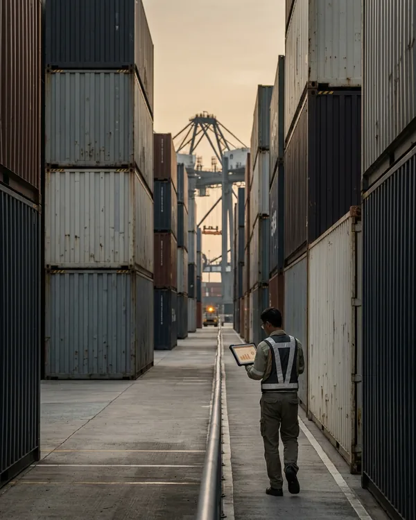 Worker walking between stacked shipping containers at a port