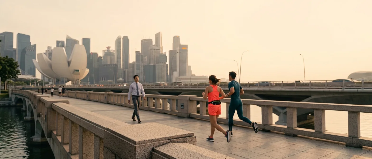 People walking along a waterfront promenade with the Singapore skyline