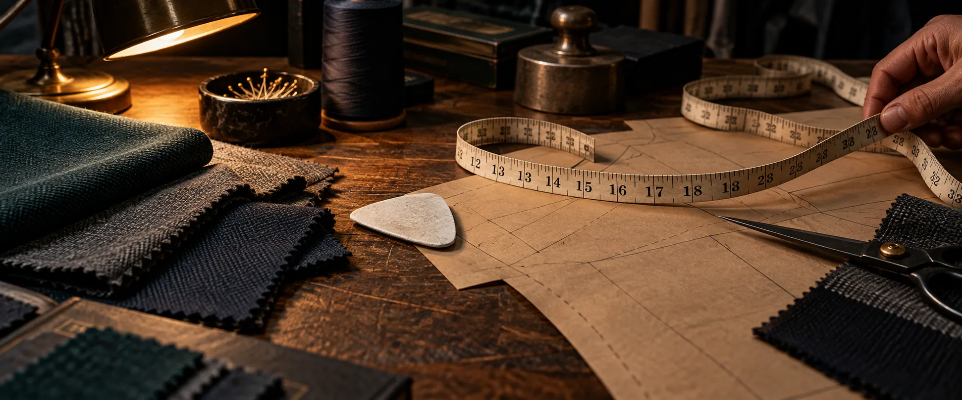Hand lifting a tape measure over paper pattern pieces on a wooden workbench, with swatches of dark cloth and a lamp beside