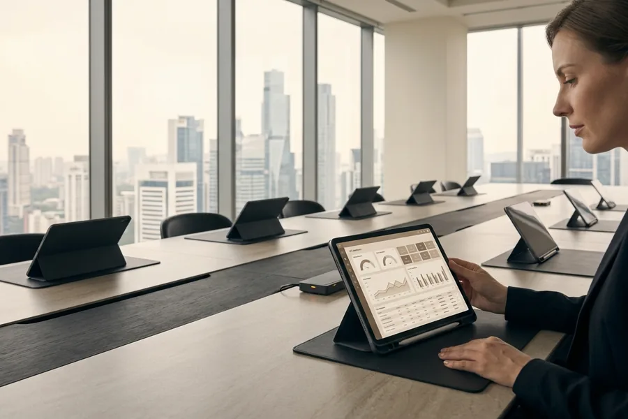Woman reviewing a tablet in an empty boardroom with a city view