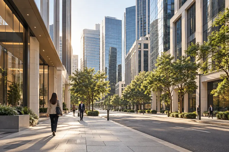 Tree-lined city street among high-rise towers