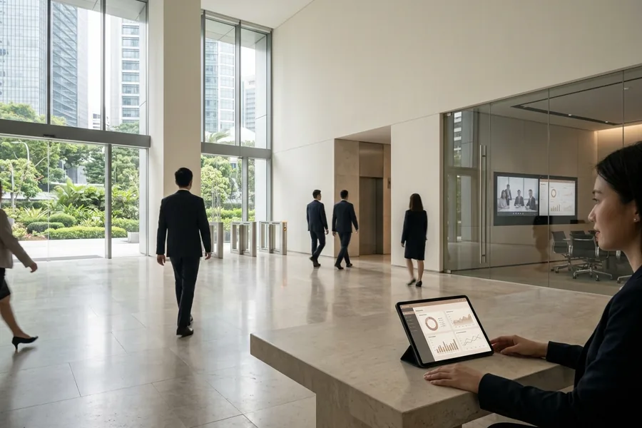 Bright office lobby with people passing a reception counter