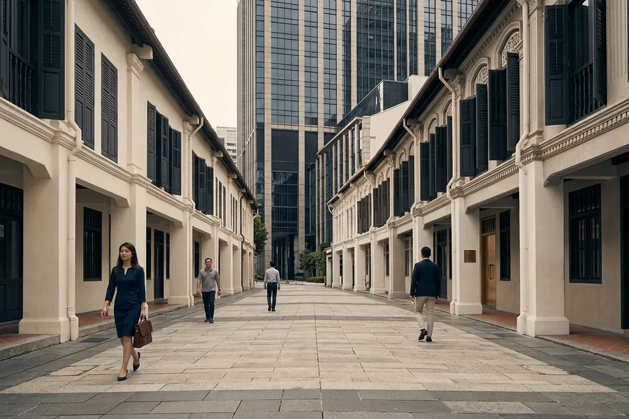 Restored shophouses with modern towers rising behind