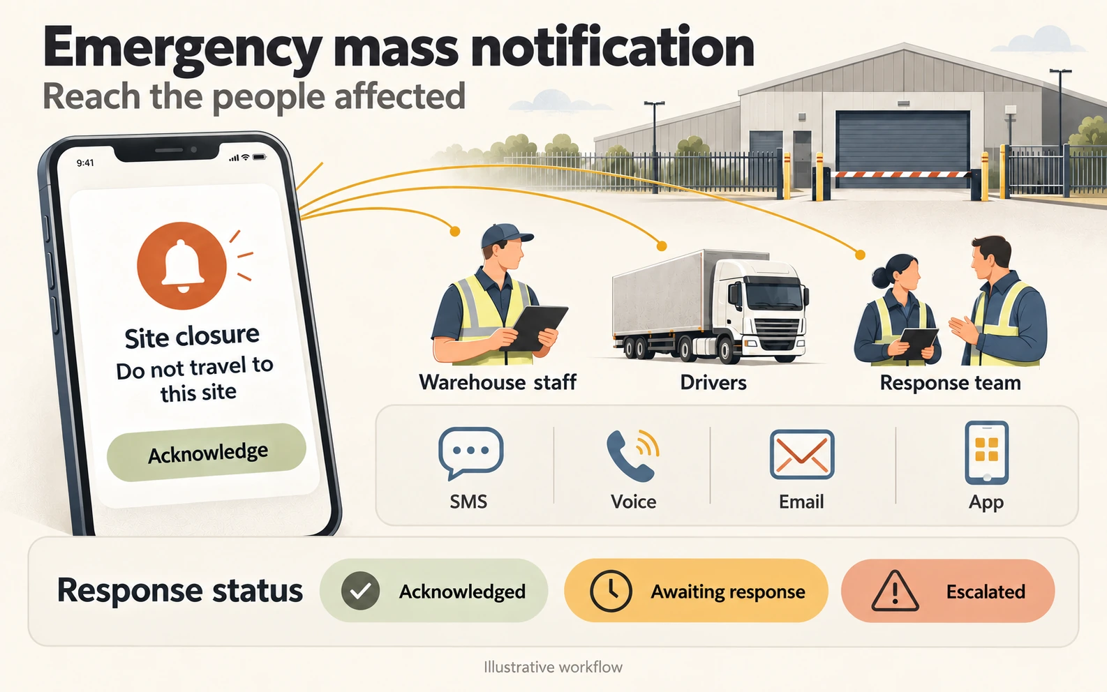 Illustrative site closure alert sent to warehouse staff, drivers and the response team through several channels, with acknowledgements and escalation status.